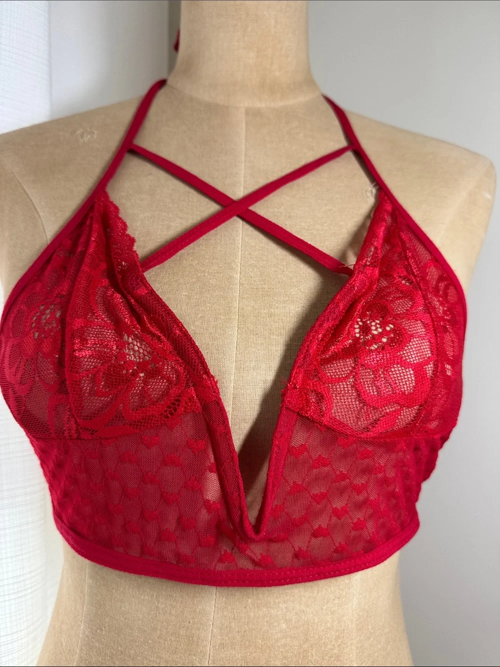 Mapale red lace bralette and panty set. ML.